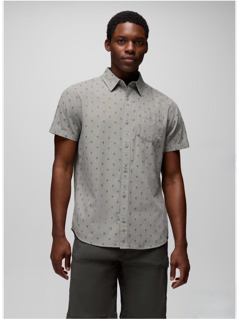 Prana Men’s Metador Short Sleeve Button Up Shirt Large Gray Sterling Palm Trees